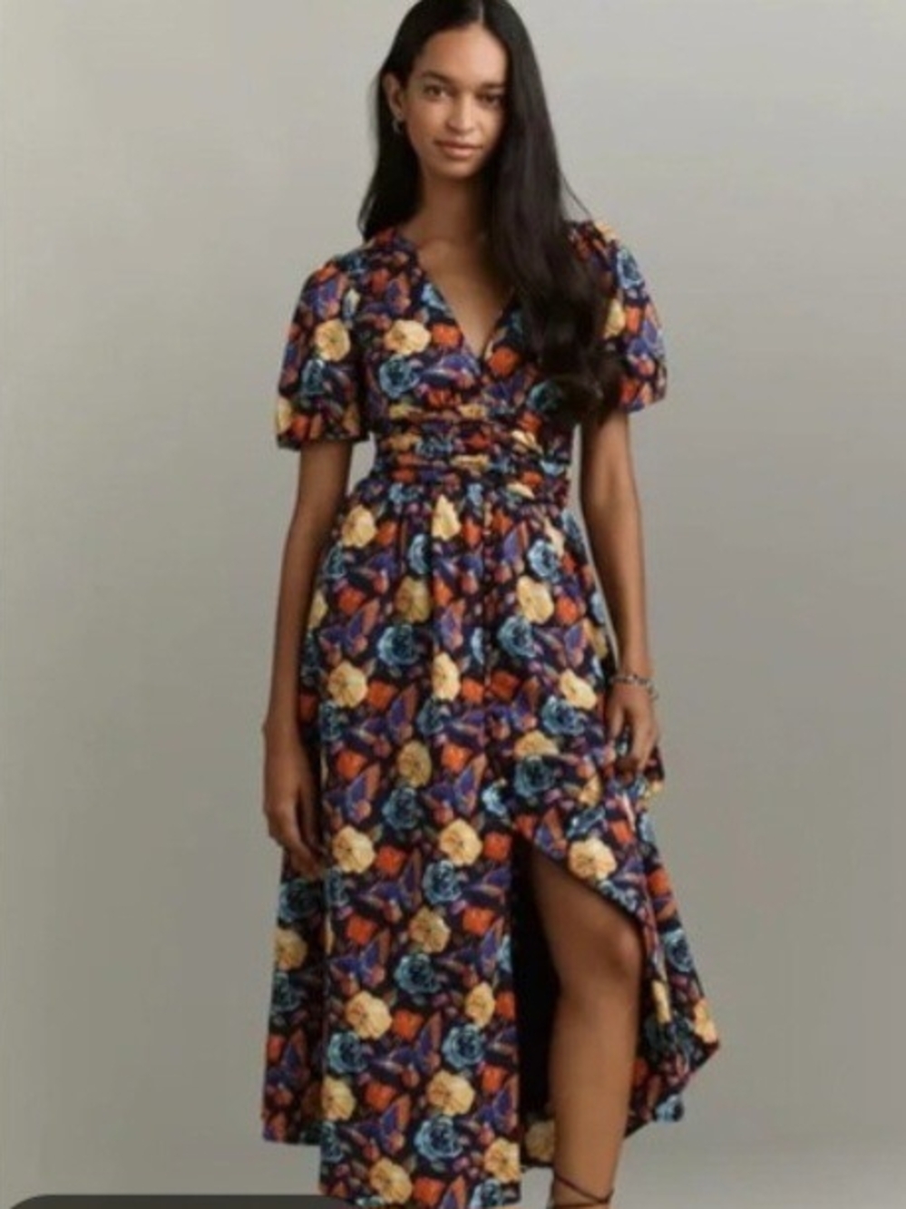 Anthropologie Navy Floral Midi Dress with Blue and Yellow Blooms